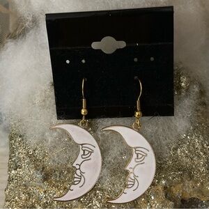 Crescent Moon Face White Gold Dangle Earrings